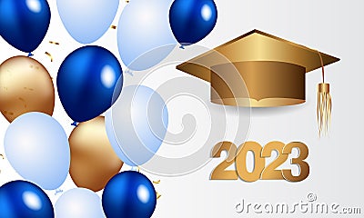 Congratulations on your graduation from school. Class of 2023. Graduation cap, confetti and balloons. Congratulatory banner. Vector Illustration