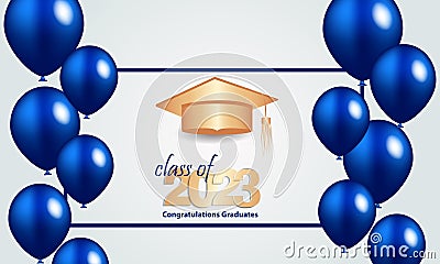 Congratulations on your graduation from school. Class of 2023. Graduation cap, confetti and balloons. Congratulatory banner. Vector Illustration