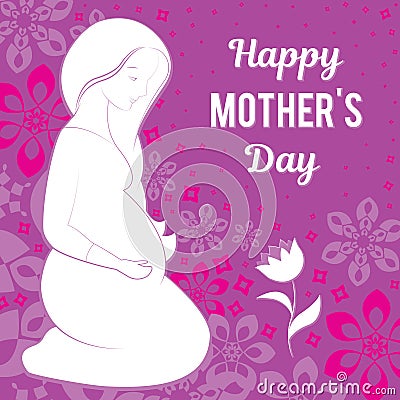 Congratulations on your mother`s day. Vector illustration of a pregnant woman looking at a flower. On a background a Vector Illustration