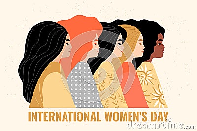 Congratulatory banner for International Women`s Day. Vector illustration with women different nationalities Vector Illustration