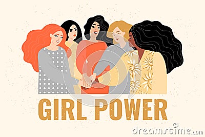 Congratulatory banner for International Women`s Day. Vector illustration with women different nationalities holding hands Vector Illustration