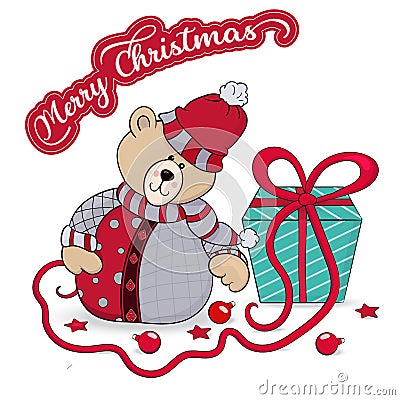 Congratulatory illustration with a kind teddy bear with a gift box and the inscription Merry Christmas Cartoon Illustration