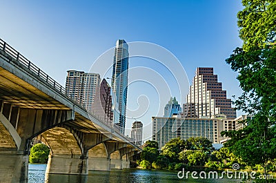 Congress Avenue Bats Bridge and skyscrapers in Austin TX Editorial Stock Photo