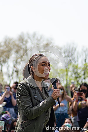 Congresswoman Alexandria Ocasio-Cortez Speaking at an Earth Day Event in Astoria Queens New York Editorial Stock Photo