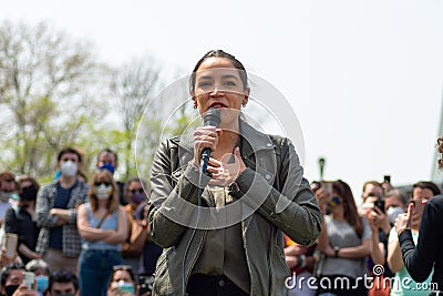 Congresswoman Alexandria Ocasio-Cortez Speaking at an Earth Day Event in Astoria Queens New York Editorial Stock Photo