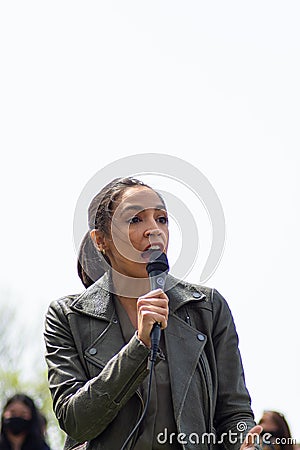Congresswoman Alexandria Ocasio-Cortez Speaking at an Earth Day Event in Astoria Queens New York Editorial Stock Photo