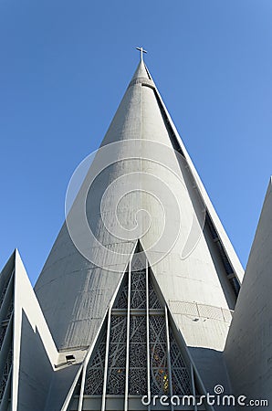 Conical and triangular details of Catedral Basilica Menor Nossa Editorial Stock Photo