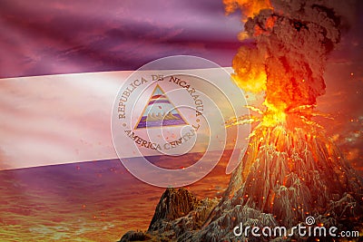 conical volcano blast eruption at night with explosion on Nicaragua flag background, problems of natural disaster and volcanic Cartoon Illustration