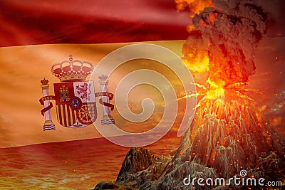 conical volcano blast eruption at night with explosion on Spain flag background, problems of disaster and volcanic earthquake Cartoon Illustration