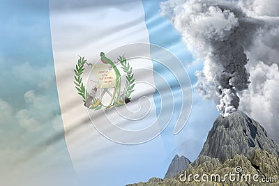 conical volcano eruption at day time with white smoke on Guatemala flag background, suffer from disaster and volcanic earthquake Cartoon Illustration