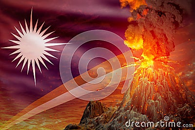 Conical volcano eruption at night with explosion on Marshall Islands flag background, suffer from natural disaster and volcanic Cartoon Illustration