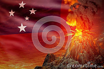 Conical volcano eruption at night with explosion on Samoa flag background, troubles because of natural disaster and volcanic Cartoon Illustration