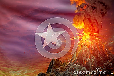 Conical volcano eruption at night with explosion on Somalia flag background, troubles because of natural disaster and volcanic Cartoon Illustration