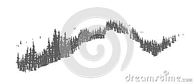 Coniferous forest landscape with hand drawn trees growing on hills or mountains. Woodland panorama with firs or spruces Vector Illustration