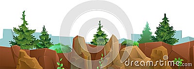 Coniferous trees and fir trees on edge. Mountain range of stones and cliffs. Picture horizontally seamless. Object Vector Illustration