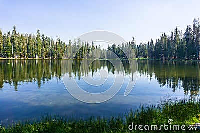 Coniferous trees forest reflected in the calm waters of Summit Lake, Lassen Volcanic National Park, Northern California Stock Photo