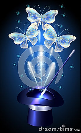 Conjurer hat with magic wand and butterflies Vector Illustration