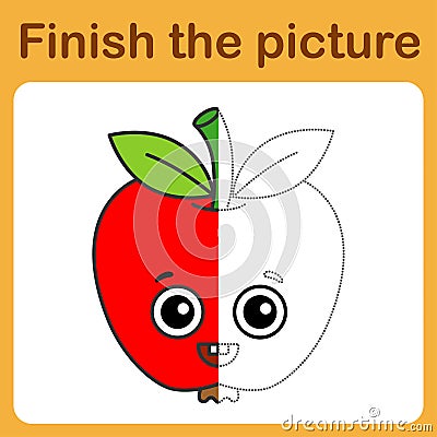 Connect the dot and complete the picture. Simple coloring funny apple. Drawing game for children. Vector Illustration