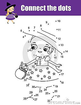 Connect the dots by numbers children educational game. Halloween theme, cute little witch Vector Illustration