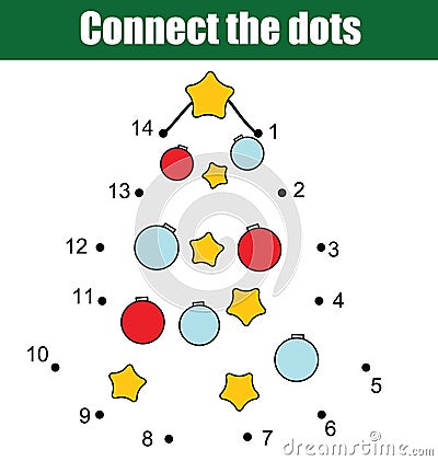 Connect the dots by numbers children educational game. Printable worksheet activity. New Year, Christmas holidays theme Vector Illustration