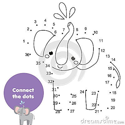 Connect the dots by numbers children educational game. Animals theme, cartoon elephant Vector Illustration