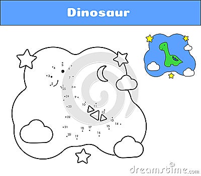 Connect the dots. Dino print cards for educational game. Coloring book Cartoon character dinosaur. Cute diplodocus Vector Illustration