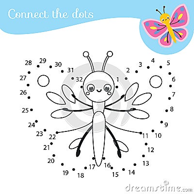 Connect the dots. Dot to dot by numbers activity for kids and toddlers. Children educational game. Cartoon butterfly Vector Illustration