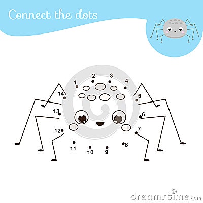 Connect the dots. Dot to dot by numbers activity for kids and toddlers. Children educational game. Cartoon spider Vector Illustration