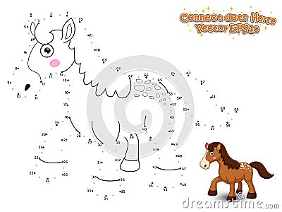 Connect The Dots and Draw Cute Cartoon Horse. Educational Game f Vector Illustration