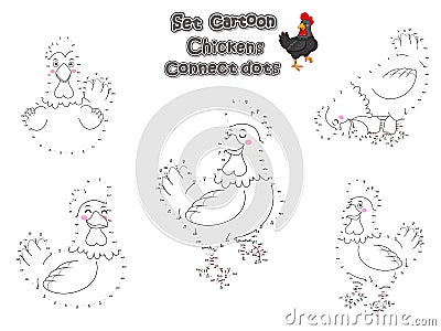 Connect The Dots and Draw Cute Chickens Cartoon Set. Educational Game for Kids. Vector Illustration Animal Frame Vector Illustration