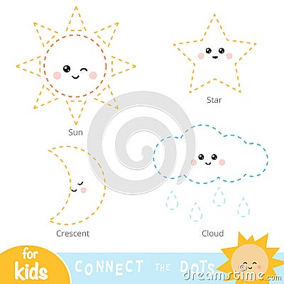 Connect the dots, education game for children. Set of nature items Vector Illustration