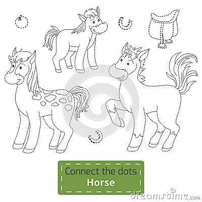 Connect the dots (farm animals set, horse family) Vector Illustration