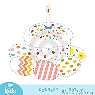Connect the dots, game for children, Easter cake and colored eggs Vector Illustration