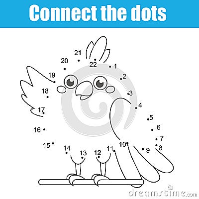 Connect the dots by numbers children educational game. Animals theme, cartoon parrot Vector Illustration