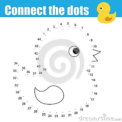 Connect the dots by numbers children educational game. Printable worksheet activity. Animals theme, baby bath duck toy Vector Illustration