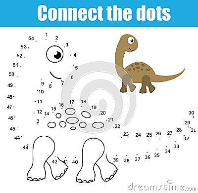 Connect the dots by numbers children educational game. Printable worksheet activity. Animals theme, dinosaur Vector Illustration