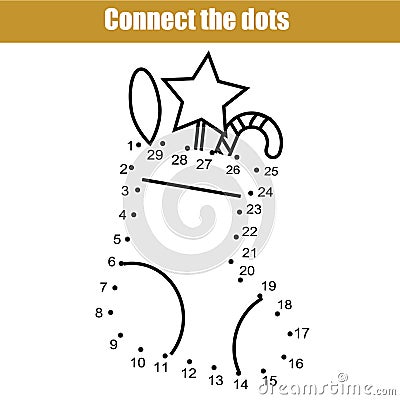 Connect the dots by numbers children educational game. Printable worksheet activity. New Year, Christmas holidays theme Vector Illustration