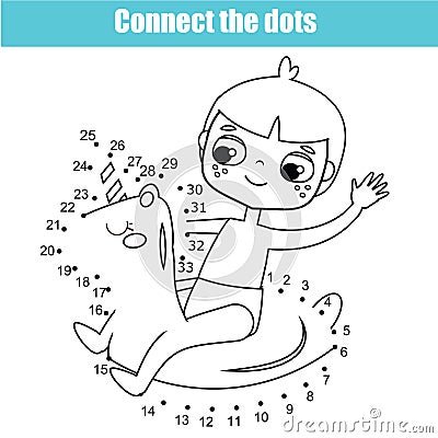 Connect the dots by numbers children educational game. Summer holidays theme, cartoon boy on inflatable ring Vector Illustration