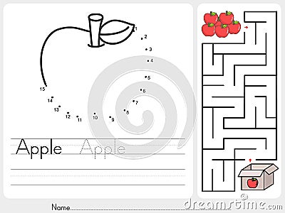 Connect dots and Pick apple box maze game - worksheet for education Vector Illustration
