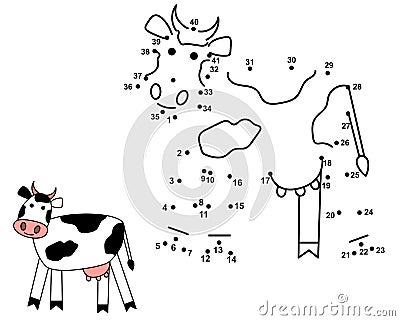 Connect the dots to draw the cute cow. Educational numbers game Vector Illustration