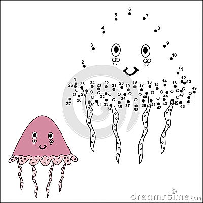 Connect the dots to draw the cute jellyfish and color it Vector Illustration