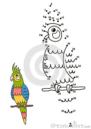 Connect the dots to draw the cute parrot and color it Vector Illustration