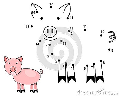 Connect the dots to draw the cute pig. Educational numbers game Vector Illustration