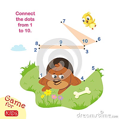 Connect dots from 1 to 10. Educational game. Puppy in dog house. Activity page for kids. Vector illustration. Vector Illustration