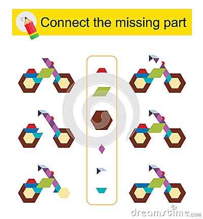 Connect the missing part. Task for the development of attention and logic. Cartoon bicycle Vector Illustration