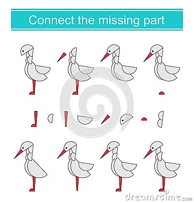 Connect the missing part. Task for the development of attention and logic. Cartoon heron Vector Illustration