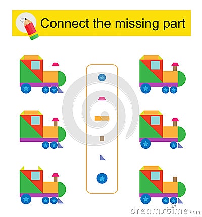 Connect the missing part. Task for the development of attention and logic. Cartoon locomotive Vector Illustration