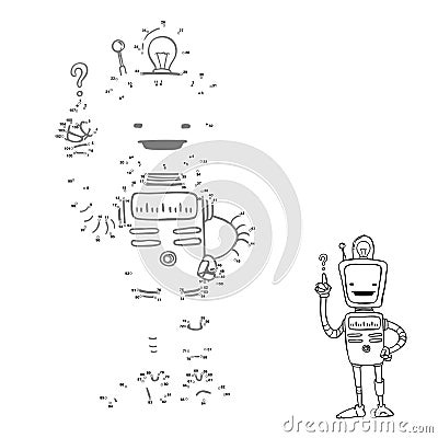 Connect points. Cartoon robot picture, vector character. Numbers game for children Vector Illustration