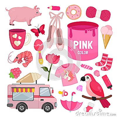 Vector set of pink color objects. Vector Illustration
