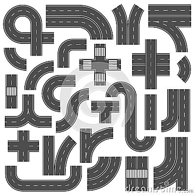 Connectable highway road elements. Crossroads, footpath and speedway junction mark. Asphalt street roads with marking vector set Stock Photo